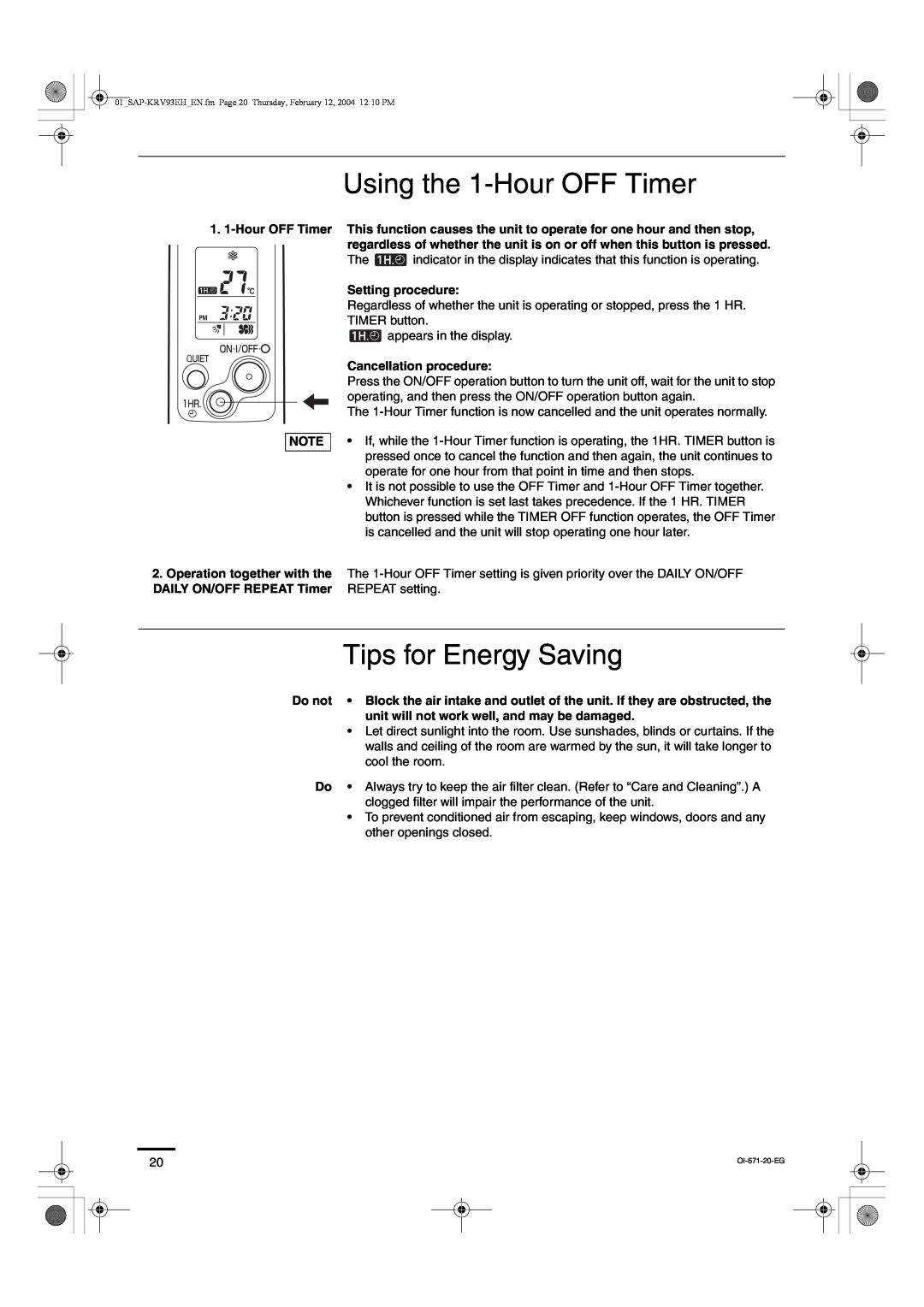 Sanyo SAP-KRV123EH Using the 1-Hour OFF Timer, Tips for Energy Saving, Setting procedure, Cancellation procedure 