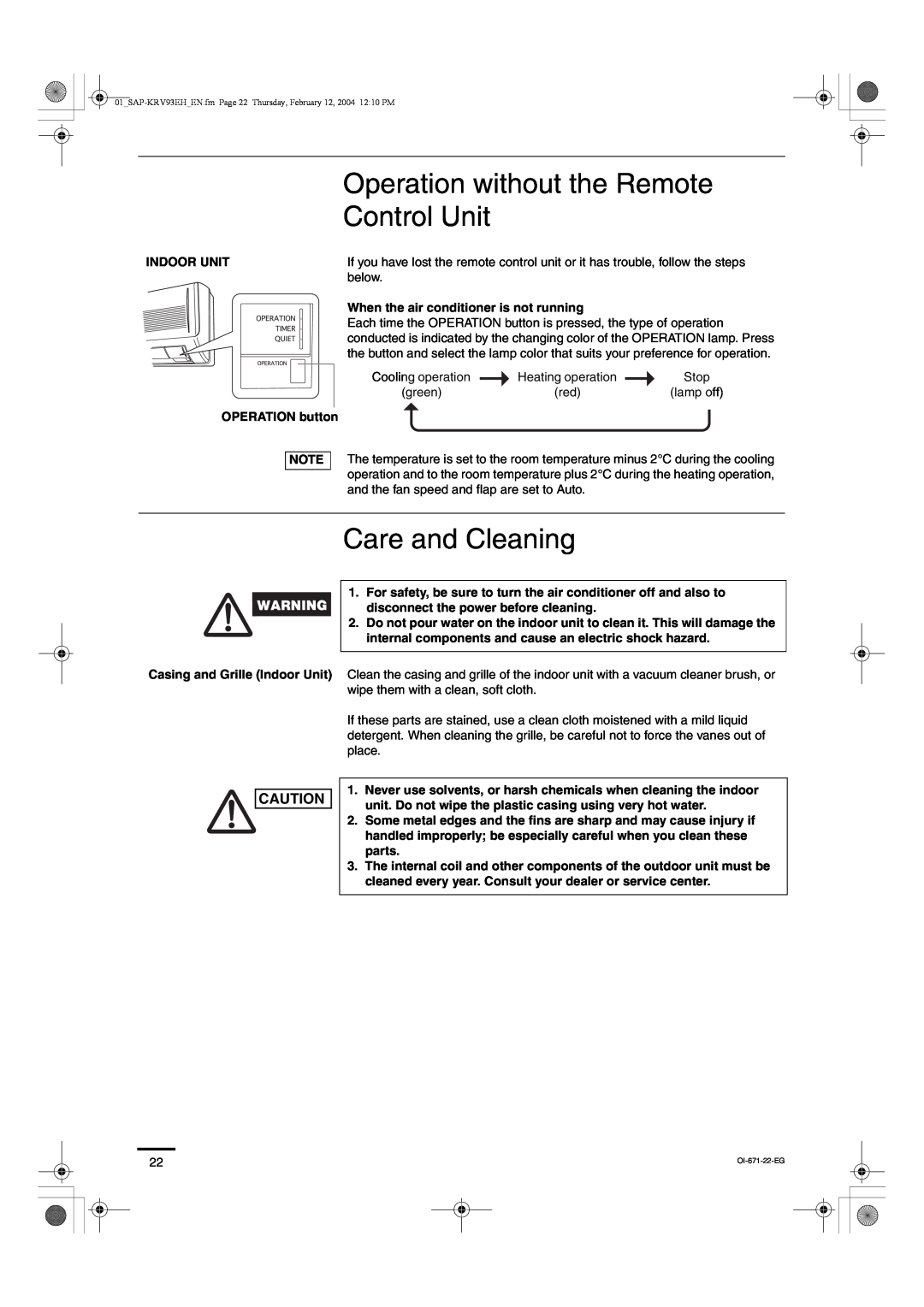 Sanyo SAP-KRV123EH, SAP-KRV93EH instruction manual Operation without the Remote Control Unit, Care and Cleaning 