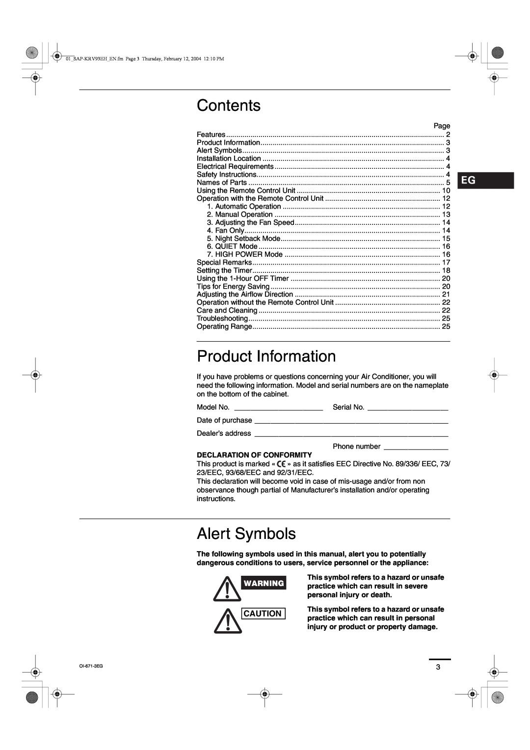 Sanyo SAP-KRV93EH, SAP-KRV123EH instruction manual Contents, Product Information, Alert Symbols 