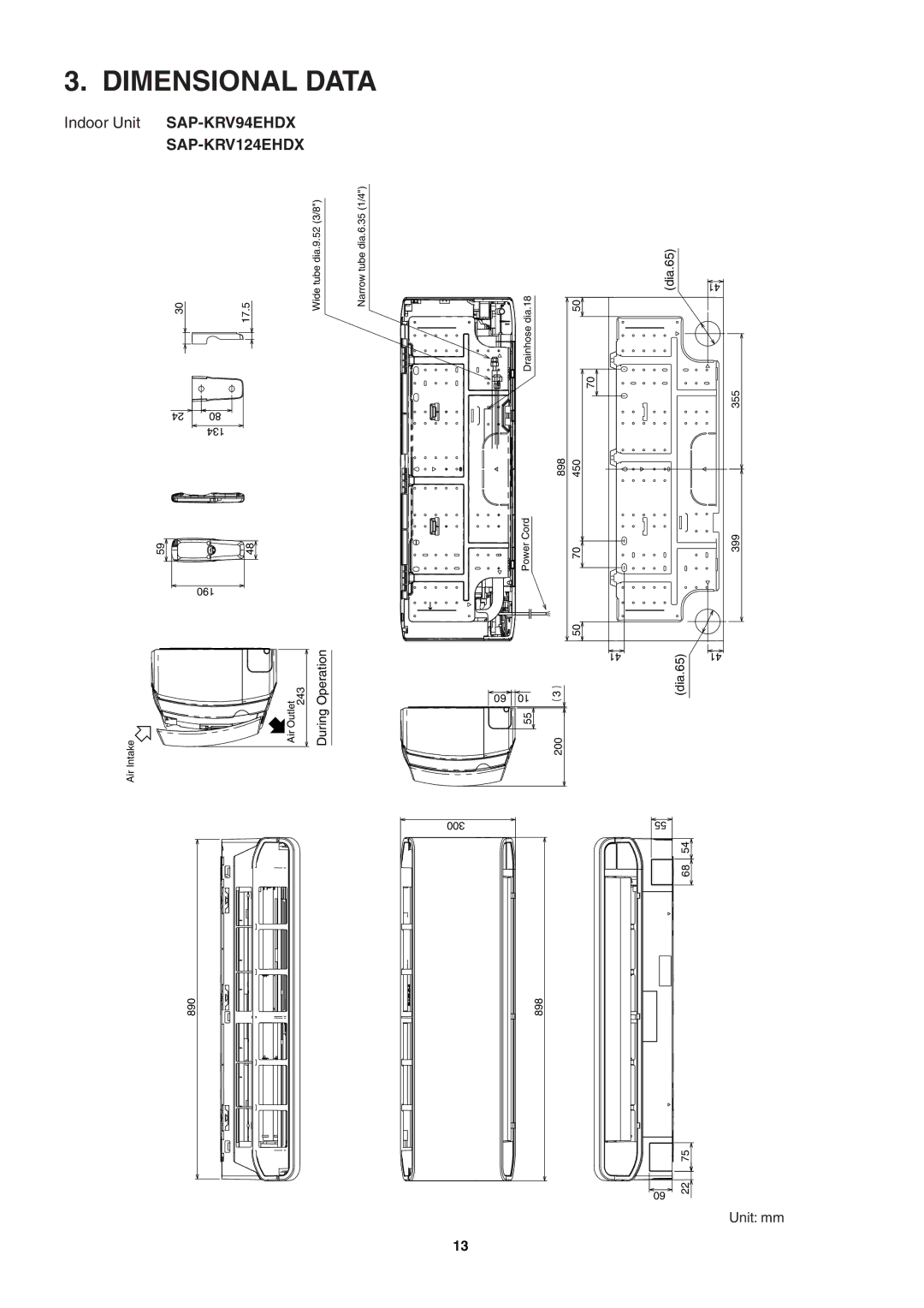 Sanyo SAP-KRV94EHDX service manual Dimensional Data 