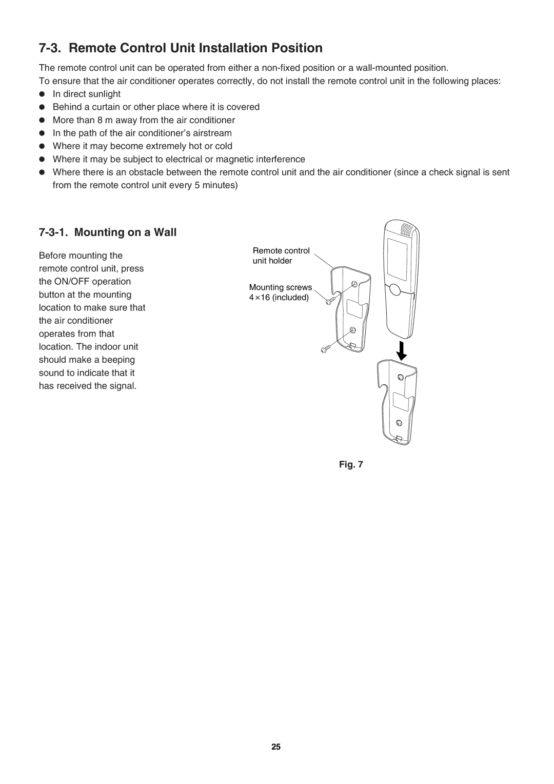 Sanyo SAP-KRV94EHDX service manual Remote Control Unit Installation Position, Mounting on a Wall 