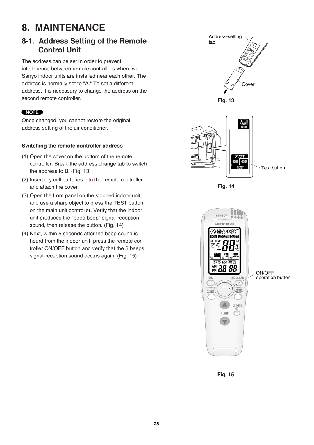 Sanyo SAP-KRV94EHDX Maintenance, Address Setting of the Remote Control Unit, Switching the remote controller address 