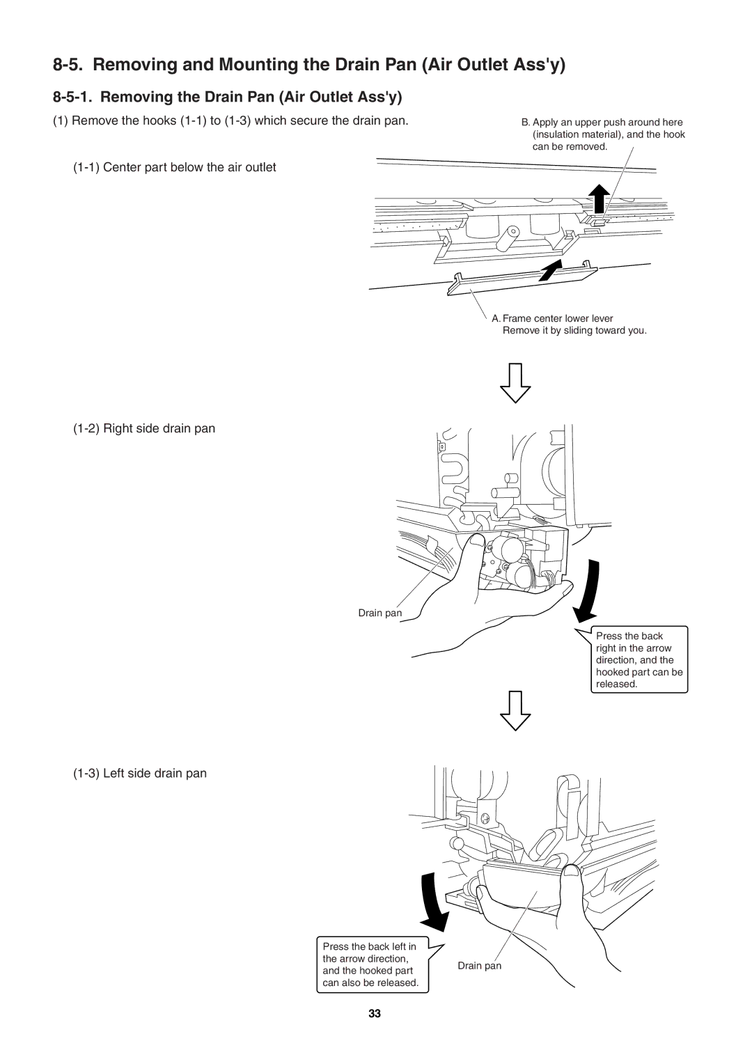 Sanyo SAP-KRV94EHDX Removing and Mounting the Drain Pan Air Outlet Assy, Removing the Drain Pan Air Outlet Assy 