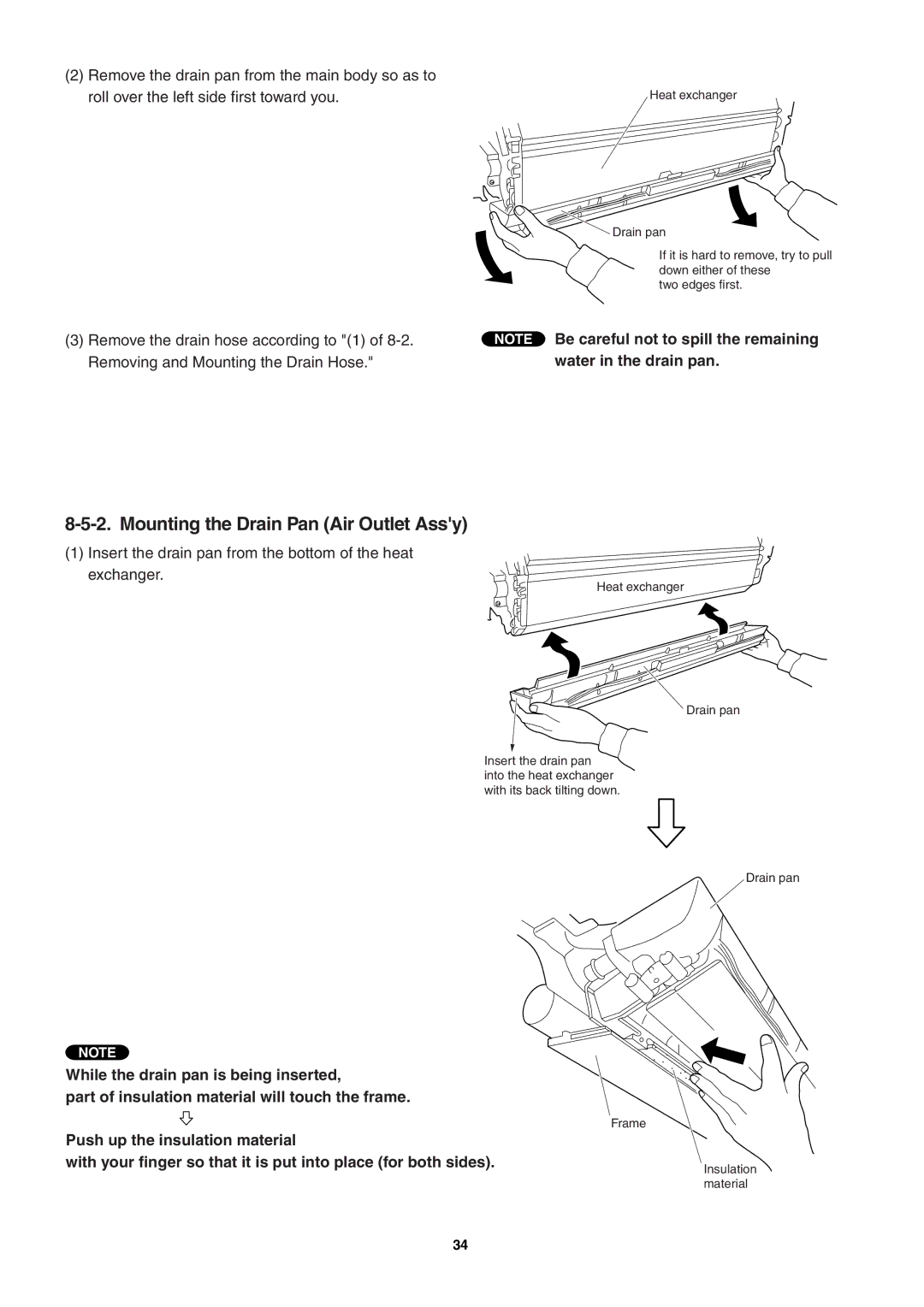 Sanyo SAP-KRV94EHDX service manual Mounting the Drain Pan Air Outlet Assy, Water in the drain pan 