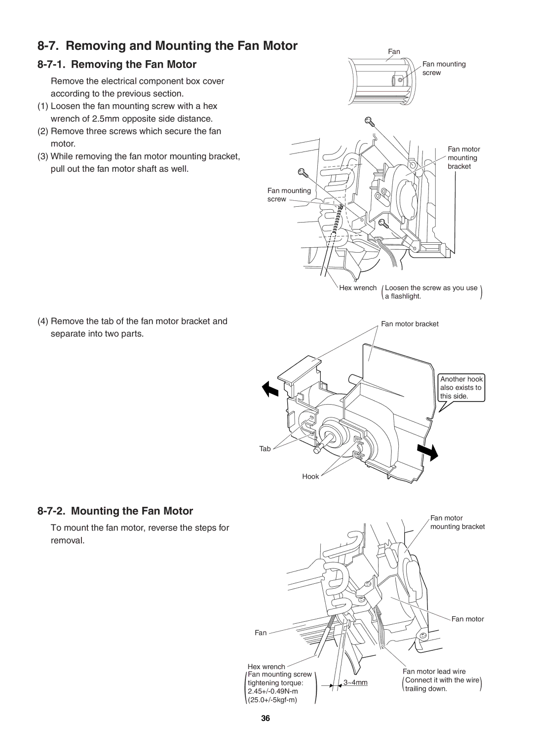 Sanyo SAP-KRV94EHDX service manual Removing and Mounting the Fan Motor, Removing the Fan Motor 