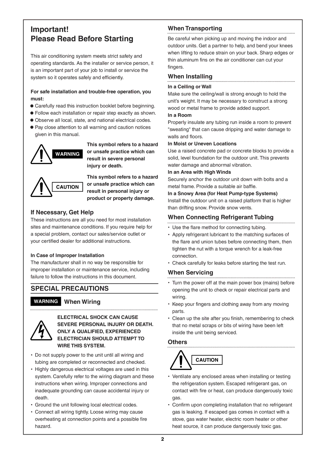 Sanyo SAP-KRV94EHDX service manual Please Read Before Starting, For safe installation and trouble-free operation, you Must 