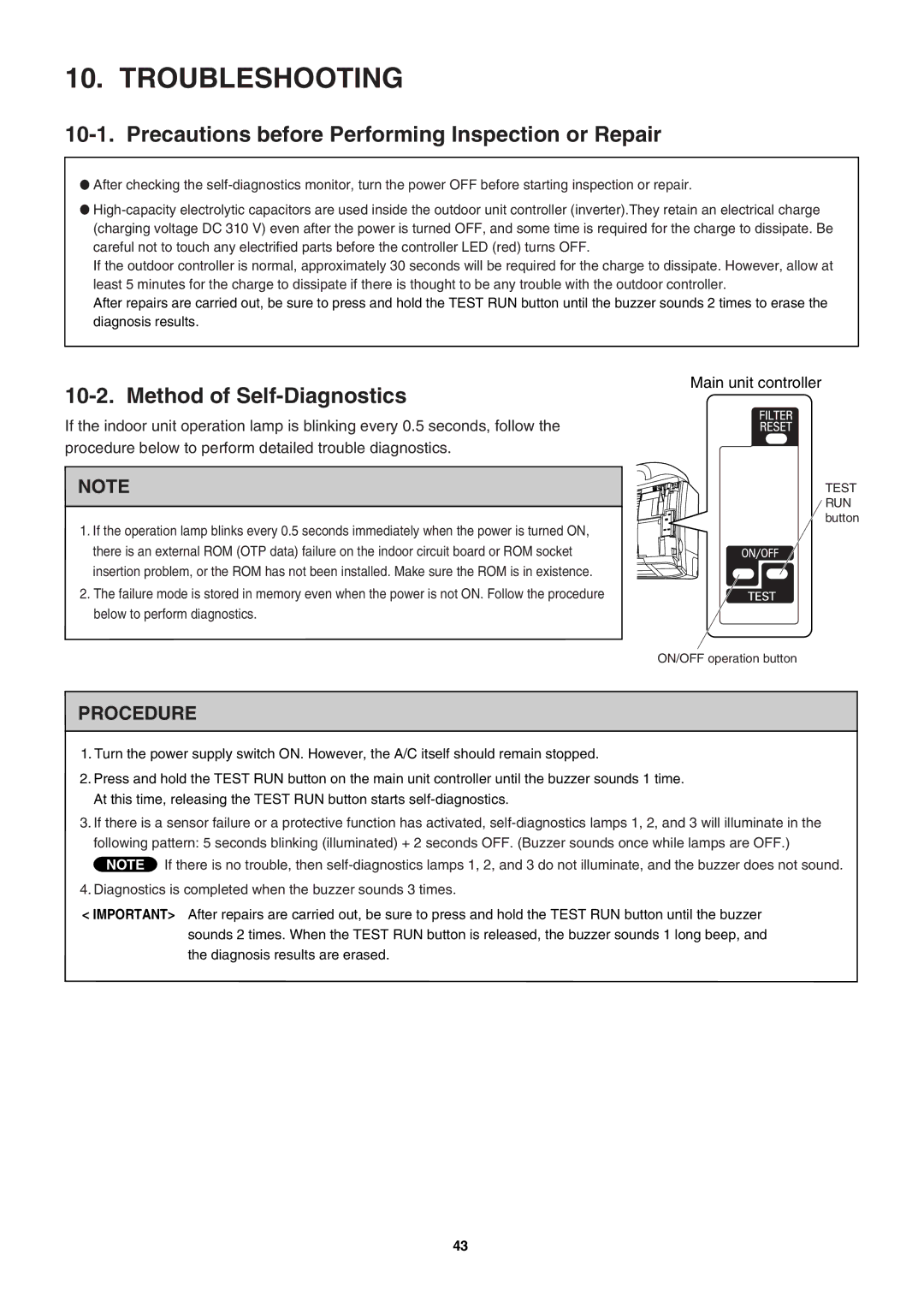 Sanyo SAP-KRV94EHDX Troubleshooting, Precautions before Performing Inspection or Repair, Method of Self-Diagnostics 