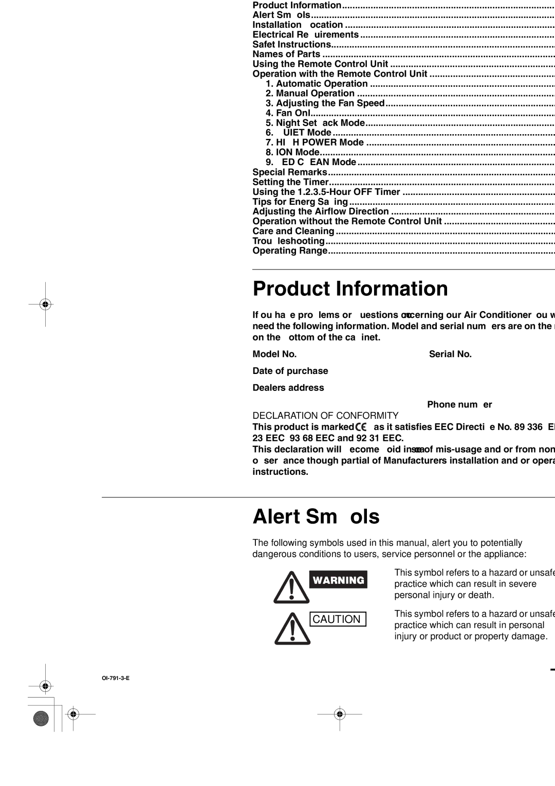 Sanyo SAP-KRV94EHDX service manual Contents, Product Information, Alert Symbols 