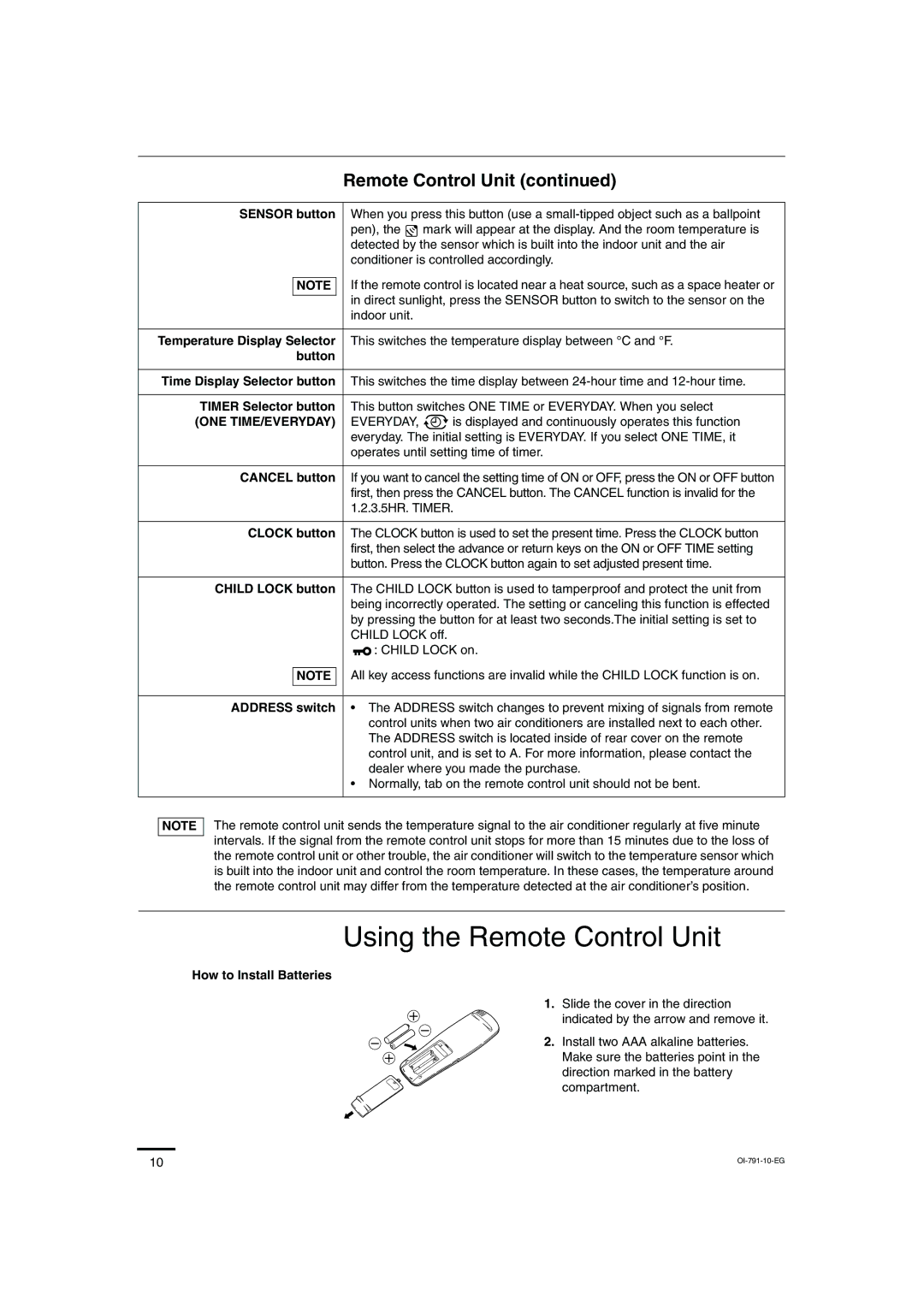 Sanyo SAP-KRV94EHDX service manual Using the Remote Control Unit, One Time/Everyday 