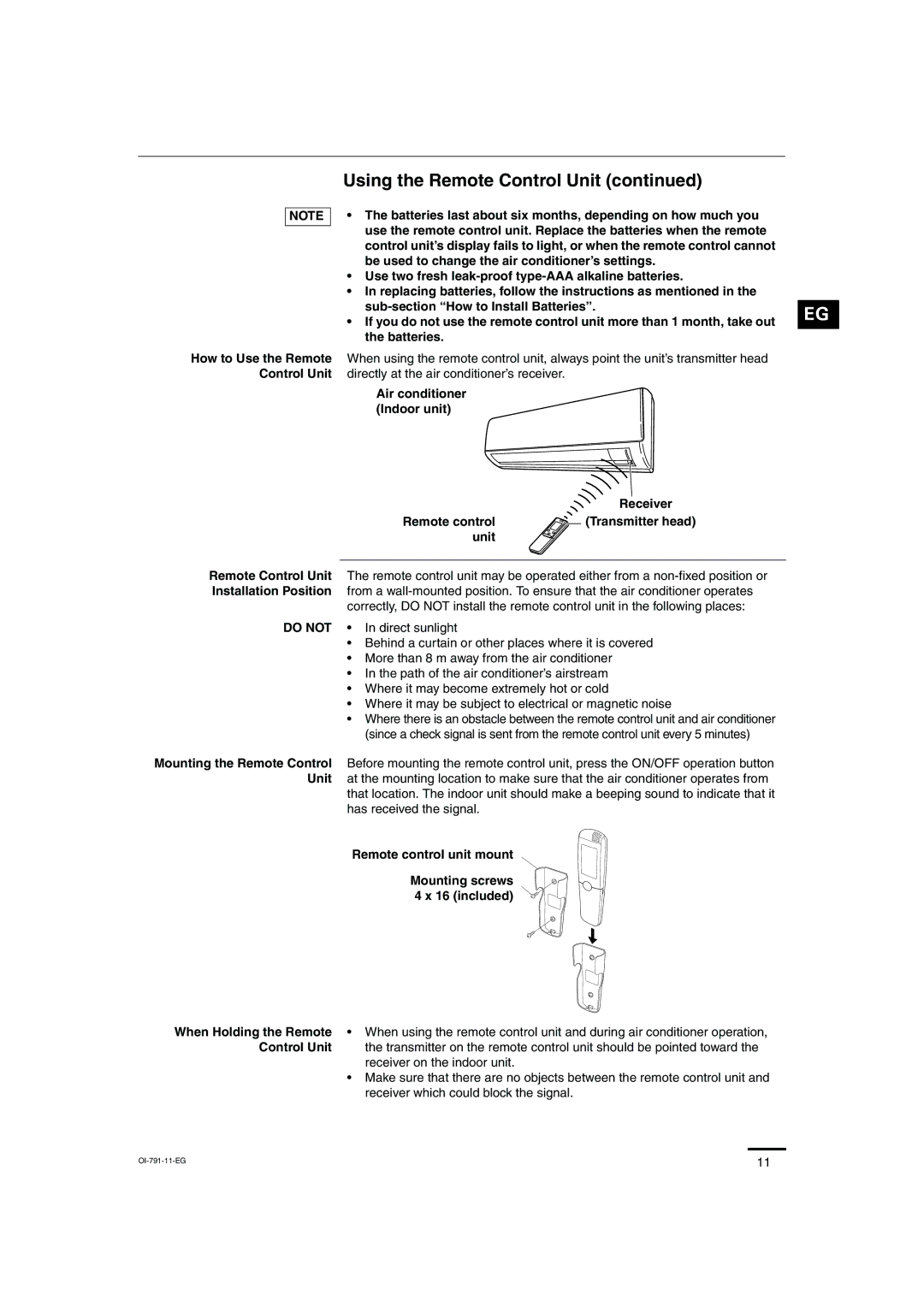 Sanyo SAP-KRV94EHDX service manual Using the Remote Control Unit, Remote control unit mount Mounting screws 4 x 16 included 