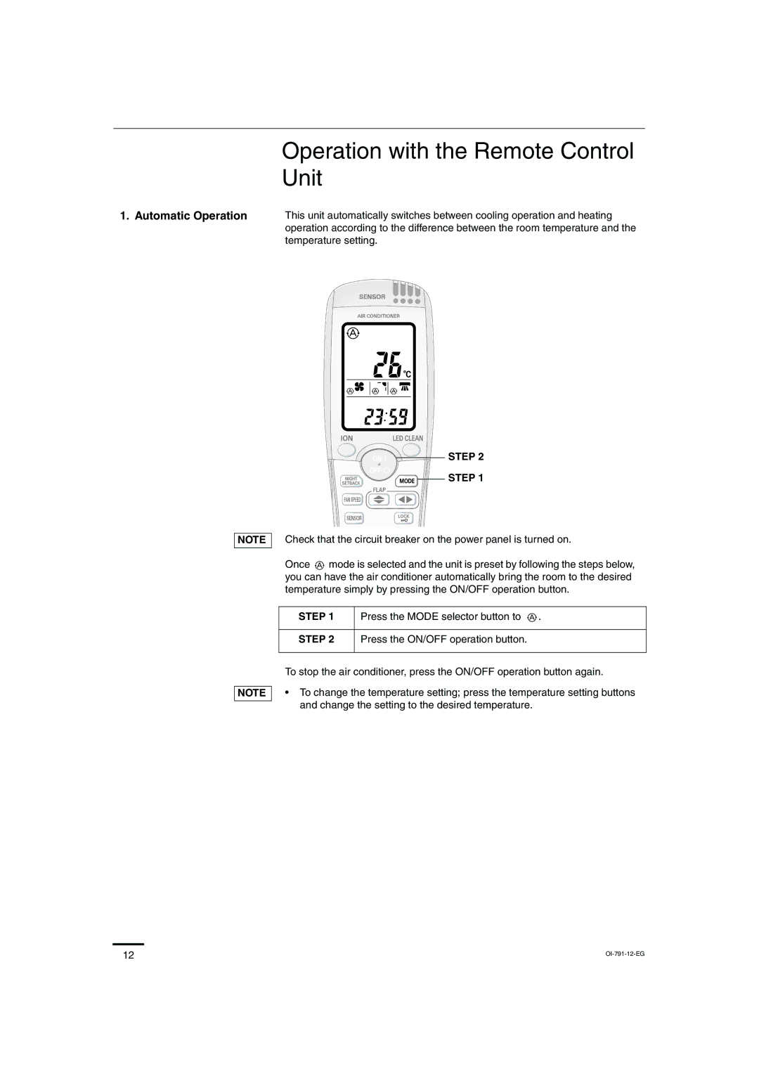 Sanyo SAP-KRV94EHDX service manual Operation with the Remote Control Unit, Step, Press the ON/OFF operation button 