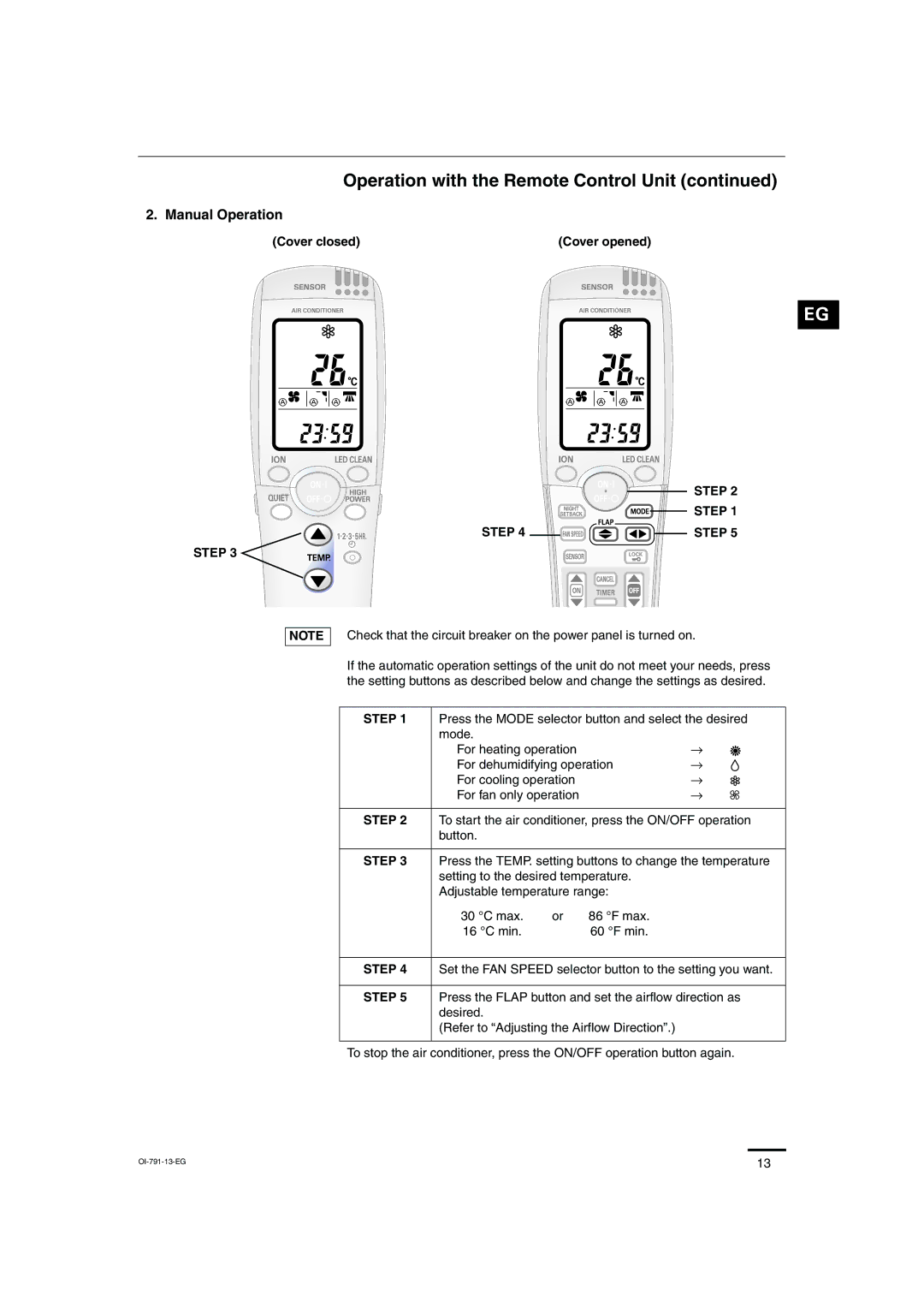 Sanyo SAP-KRV94EHDX service manual Operation with the Remote Control Unit, Cover closed Cover opened Step 