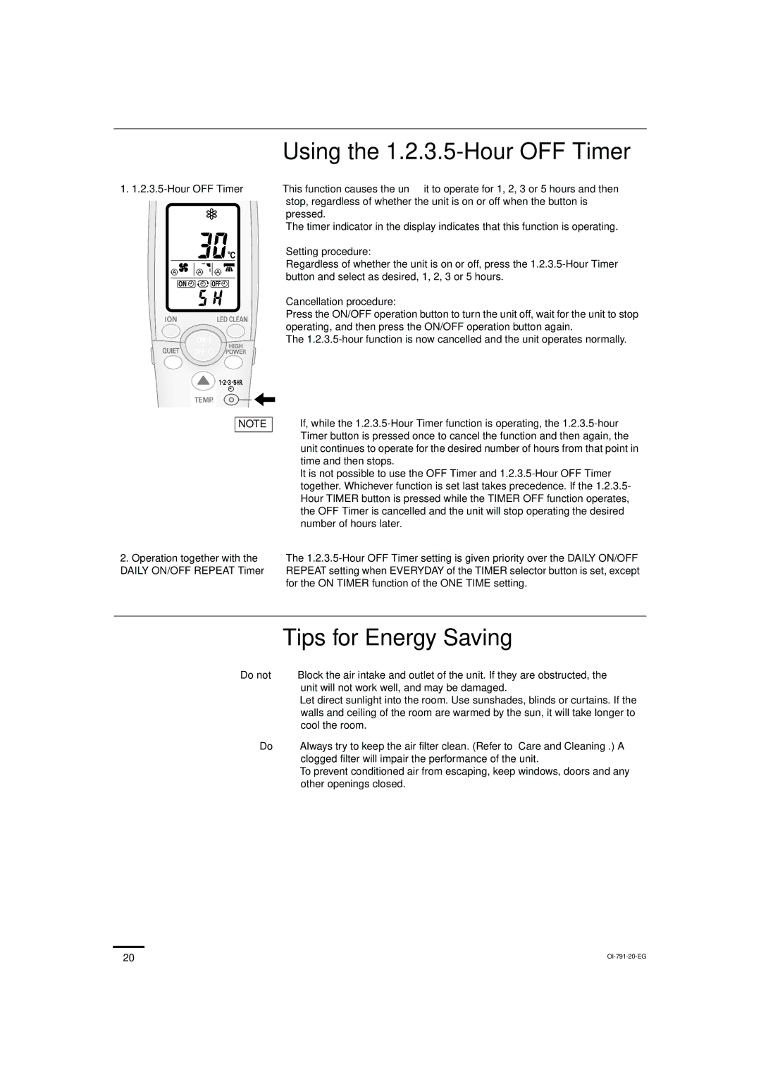 Sanyo SAP-KRV94EHDX Using the 1.2.3.5-Hour OFF Timer, Tips for Energy Saving, Setting procedure, Cancellation procedure 