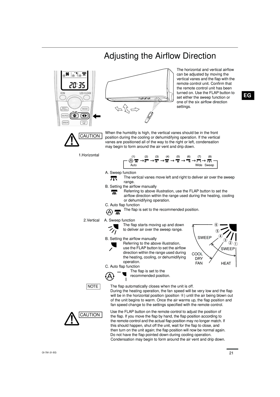 Sanyo SAP-KRV94EHDX service manual Adjusting the Airflow Direction, Sweep, FAN Heat 