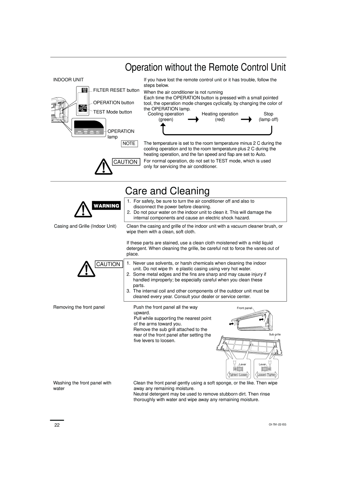 Sanyo SAP-KRV94EHDX service manual Care and Cleaning, Indoor Unit 