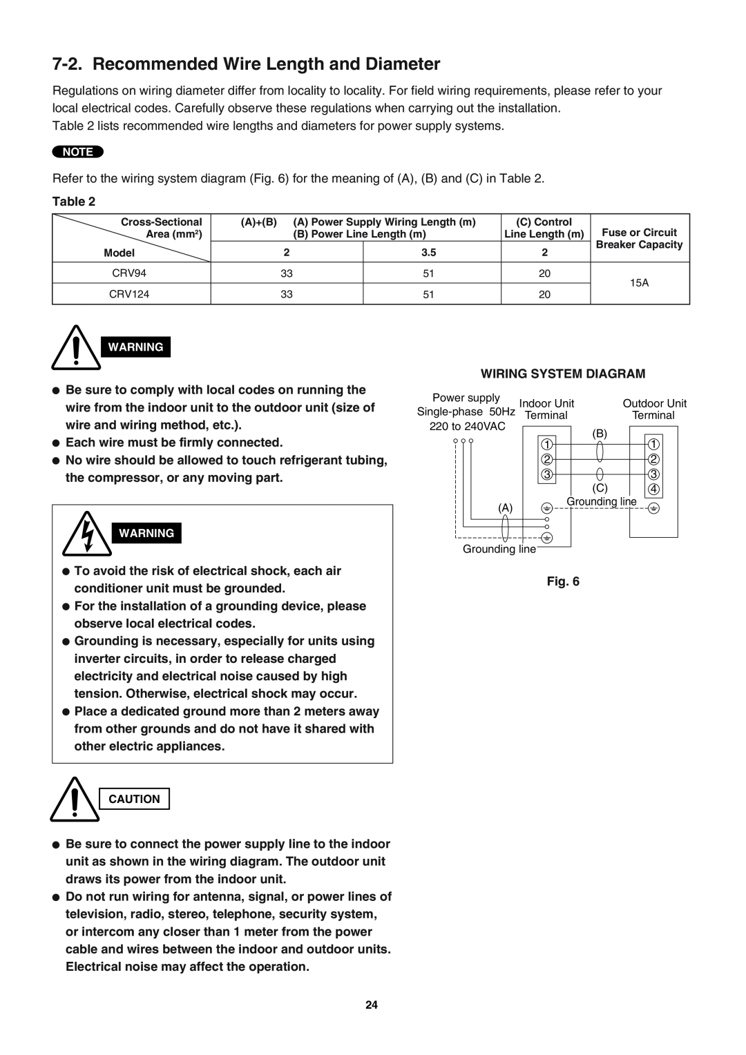 Sanyo SAP-KRV94EHDX service manual Recommended Wire Length and Diameter 