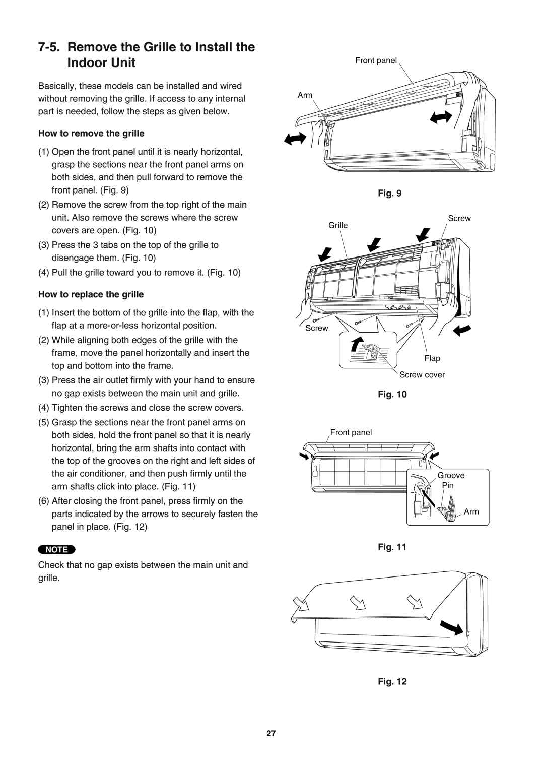 Sanyo SAP-KRV94EHDX Remove the Grille to Install the Indoor Unit, How to remove the grille, How to replace the grille 
