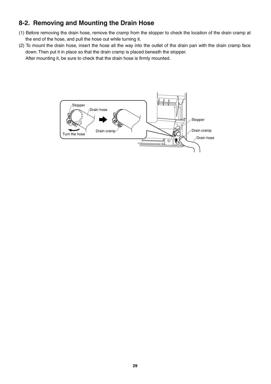 Sanyo SAP-KRV94EHDX service manual Removing and Mounting the Drain Hose, Stopper, Drain hose, Drain cramp, Turn the hose 