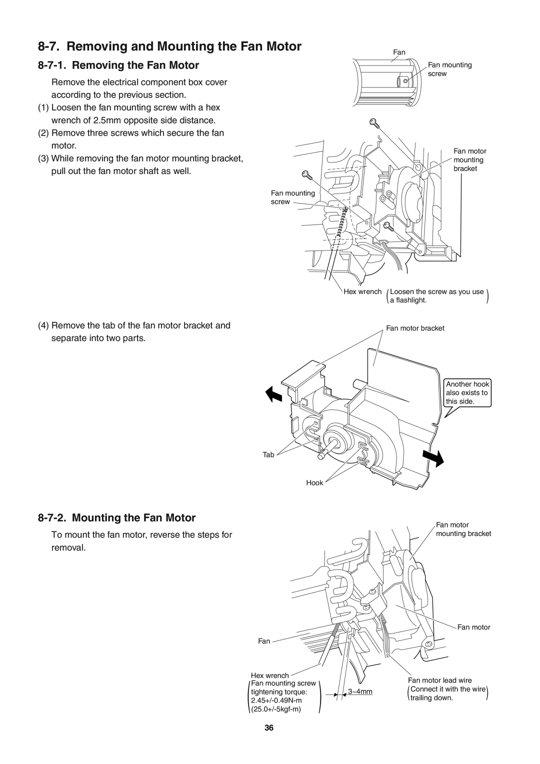 Sanyo SAP-KRV94EHDX service manual Removing and Mounting the Fan Motor, Removing the Fan Motor 