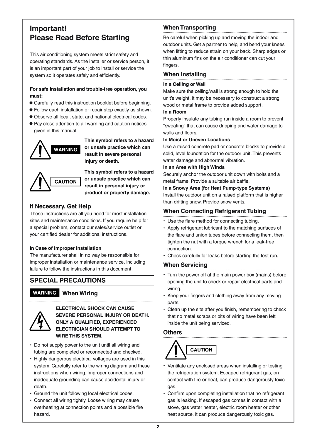 Sanyo SAP-KRV94EHDX Please Read Before Starting, Special Precautions, When Transporting, When Installing, When Servicing 