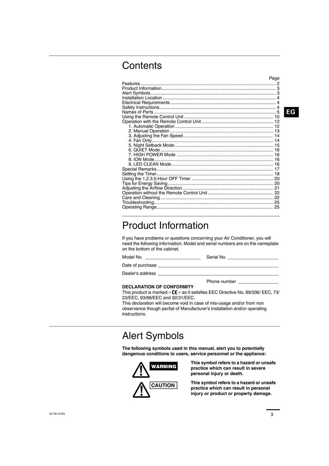 Sanyo SAP-KRV94EHDX service manual Contents, Product Information, Alert Symbols 