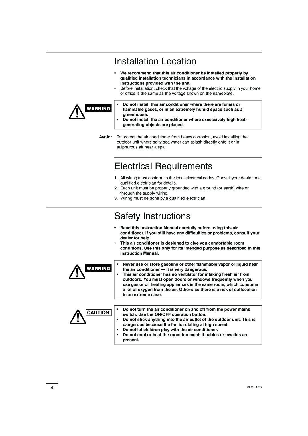 Sanyo SAP-KRV94EHDX service manual Installation Location, Electrical Requirements, Safety Instructions 