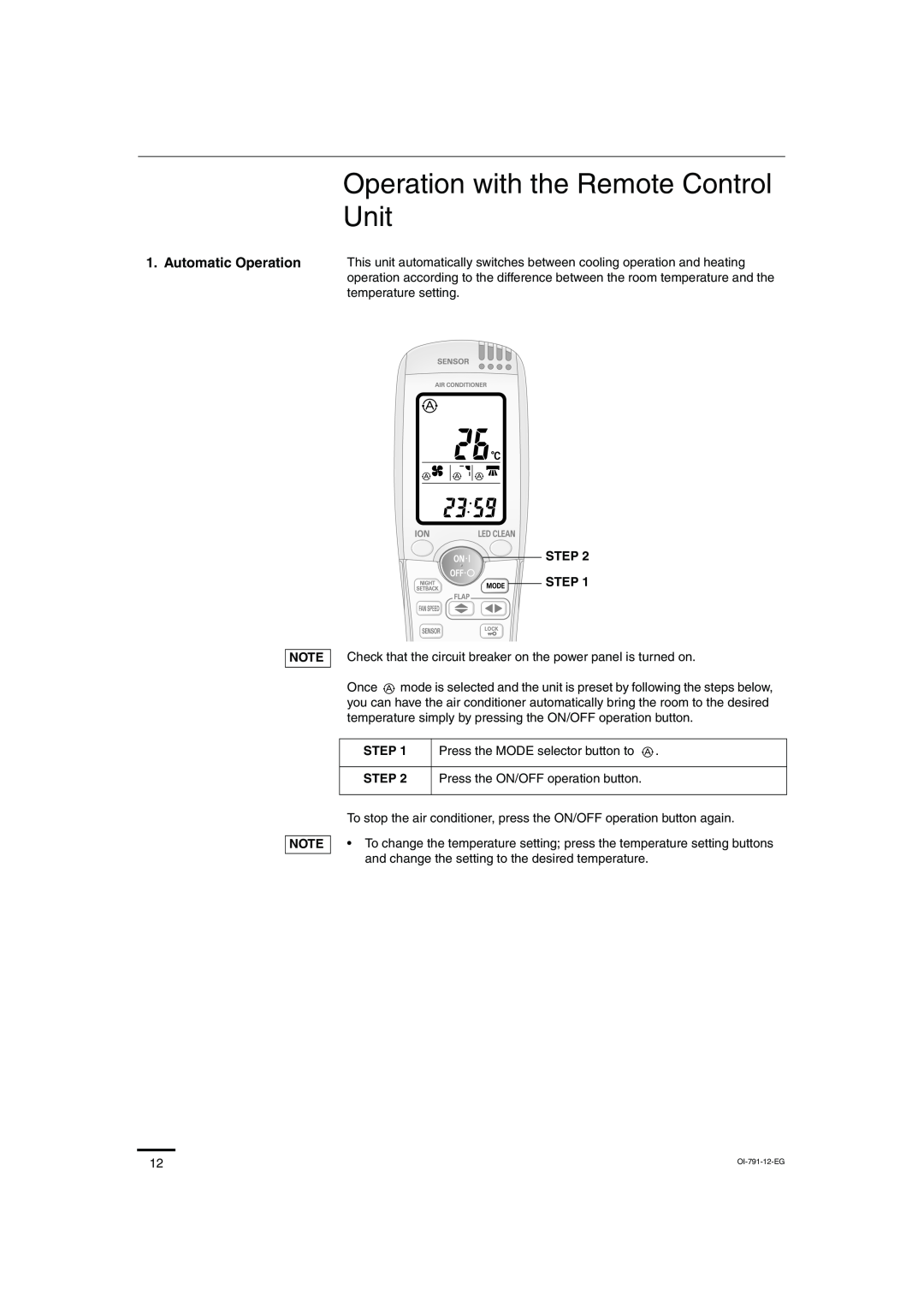 Sanyo SAP-KRV94EHDX service manual Operation with the Remote Control Unit, Automatic Operation 