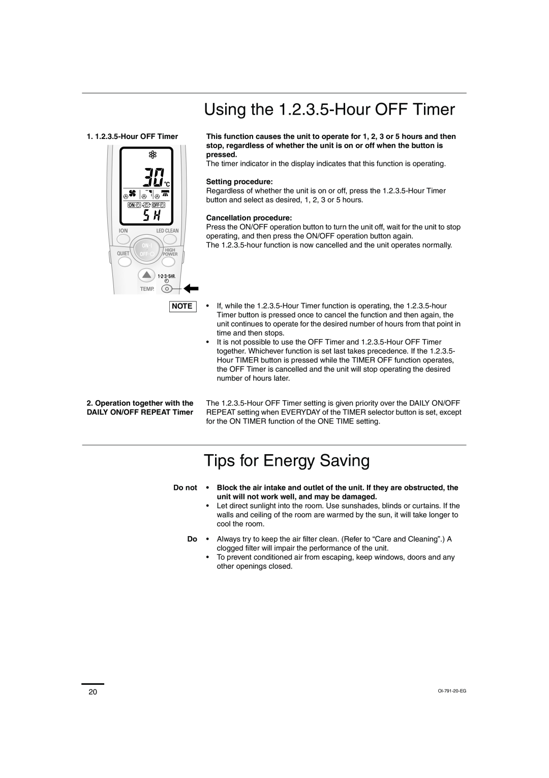 Sanyo SAP-KRV94EHDX service manual Using the 1.2.3.5-HourOFF Timer, Tips for Energy Saving 