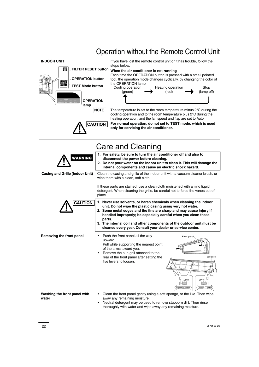 Sanyo SAP-KRV94EHDX service manual Care and Cleaning, Operation without the Remote Control Unit 