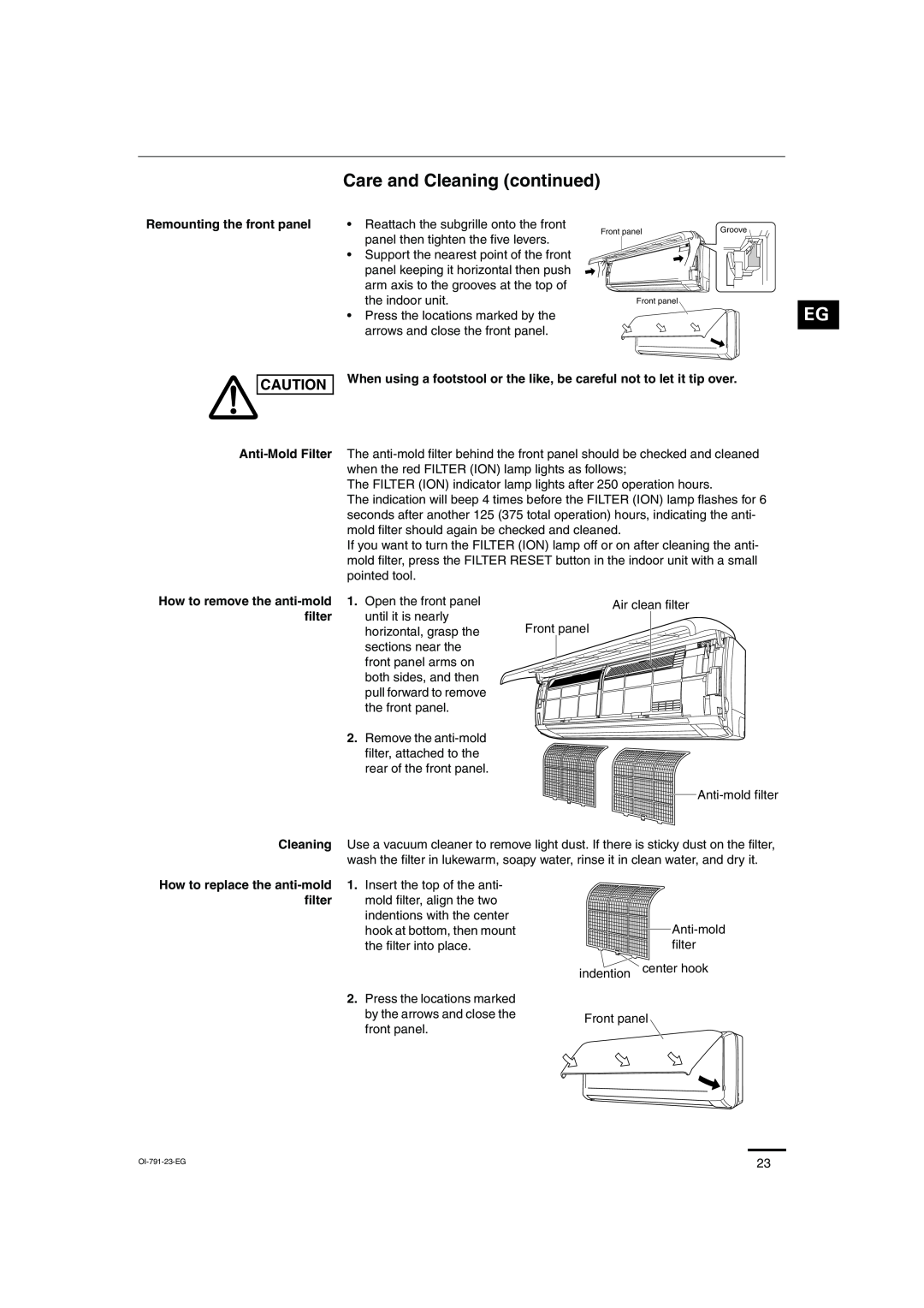 Sanyo SAP-KRV94EHDX service manual Care and Cleaning continued, Remounting the front panel, Anti-MoldFilter, filter 