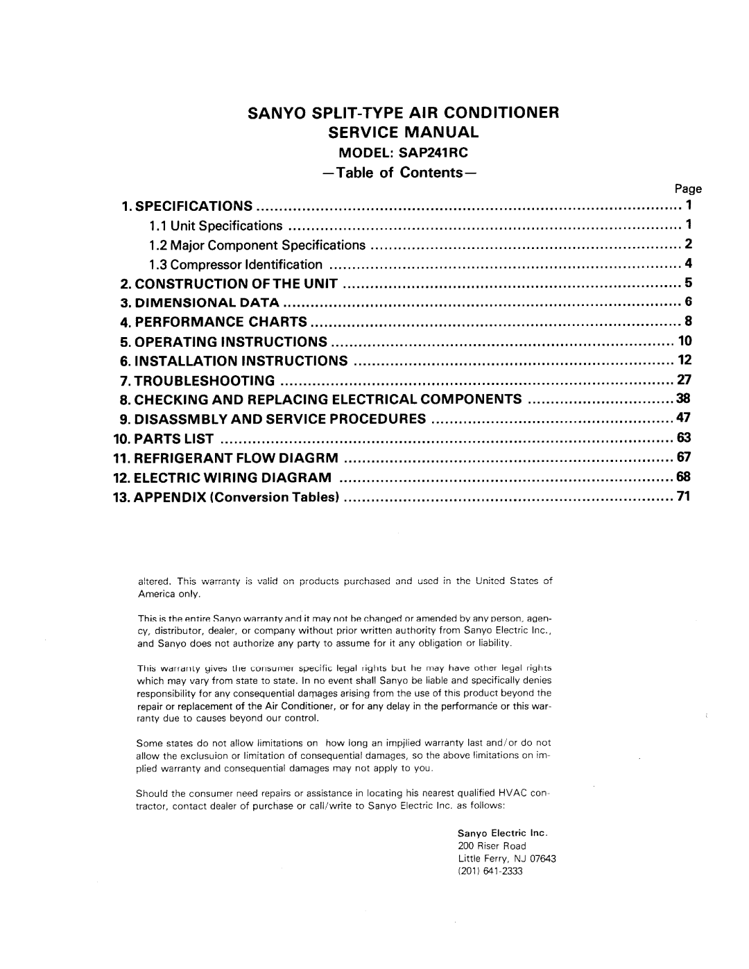 Sanyo SAP241RC manual 