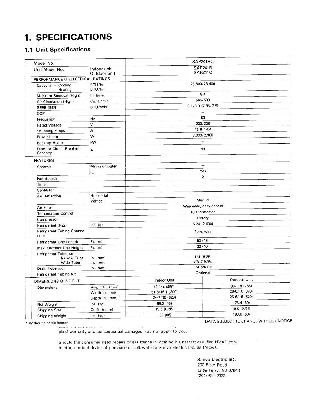 Sanyo SAP241RC manual 