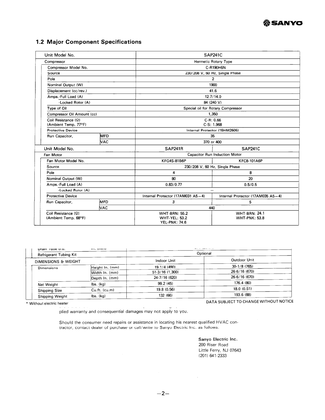 Sanyo SAP241RC manual 