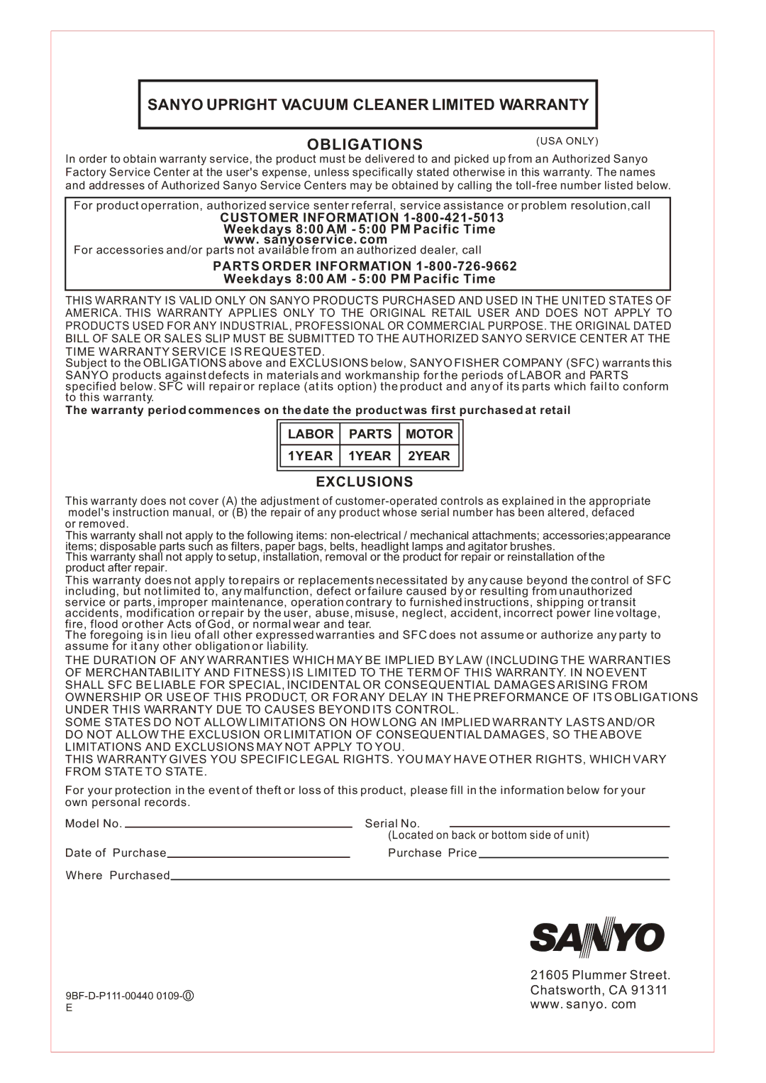 Sanyo SC-180, SC-150 instruction manual Sanyo Upright Vacuum Cleaner Limited Warranty Obligations 