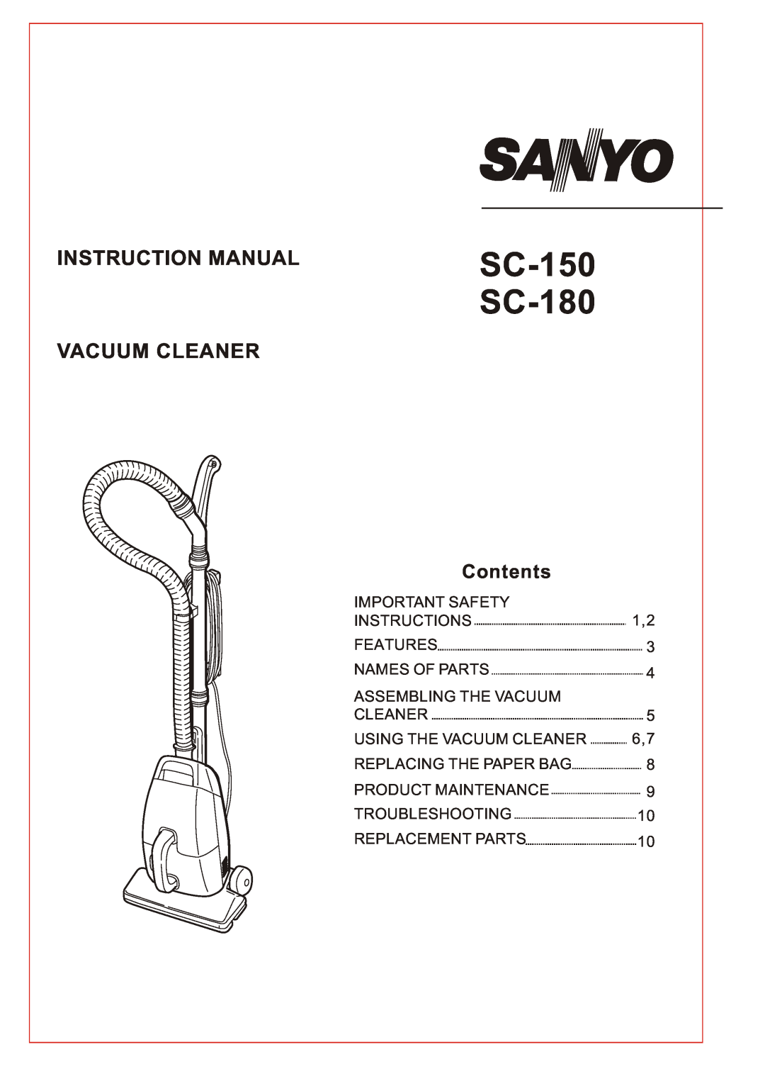 Sanyo instruction manual Contents, SC-150 SC-180 