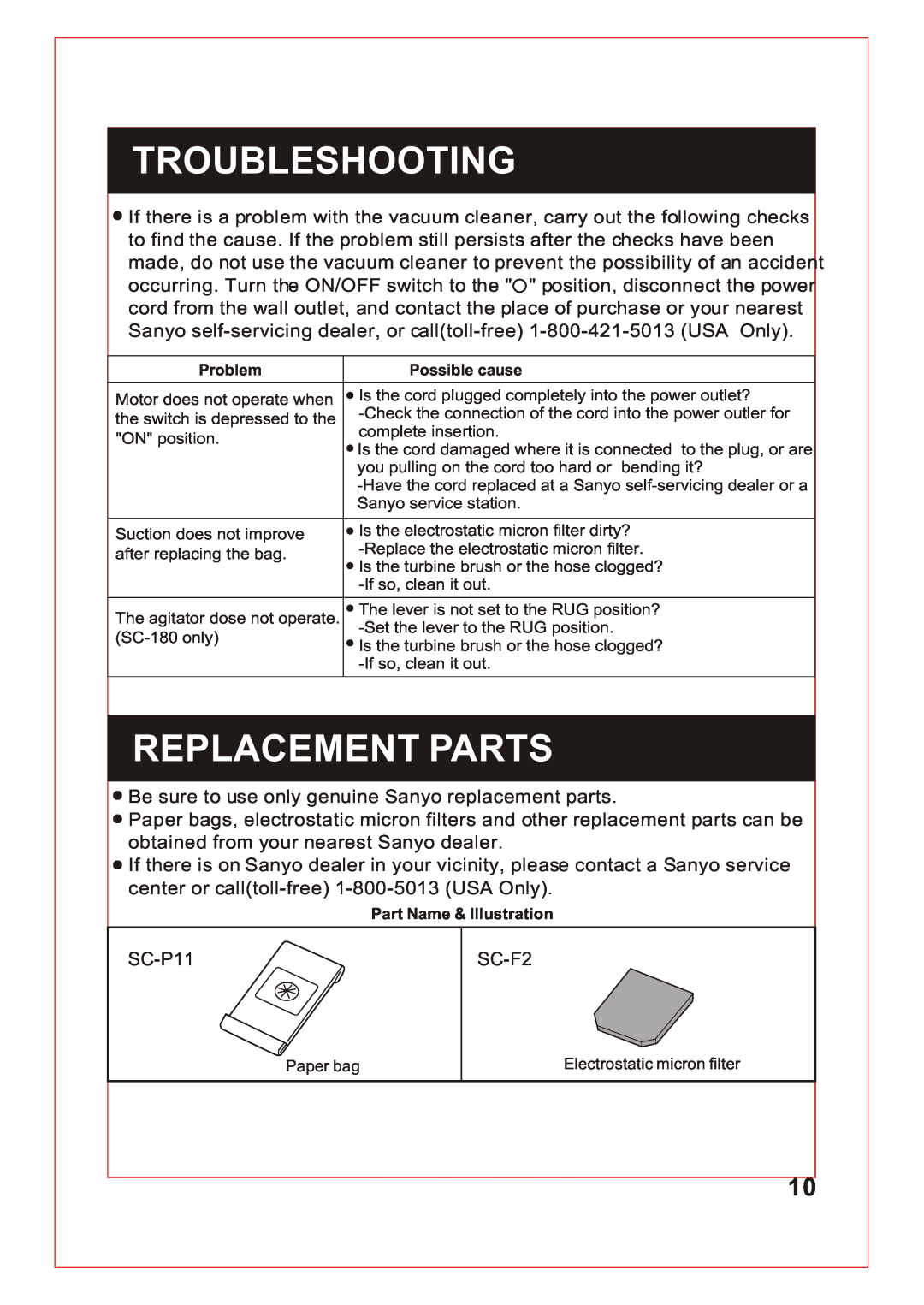 Sanyo SC-150, SC-180 instruction manual Troubleshooting, Replacement Parts 