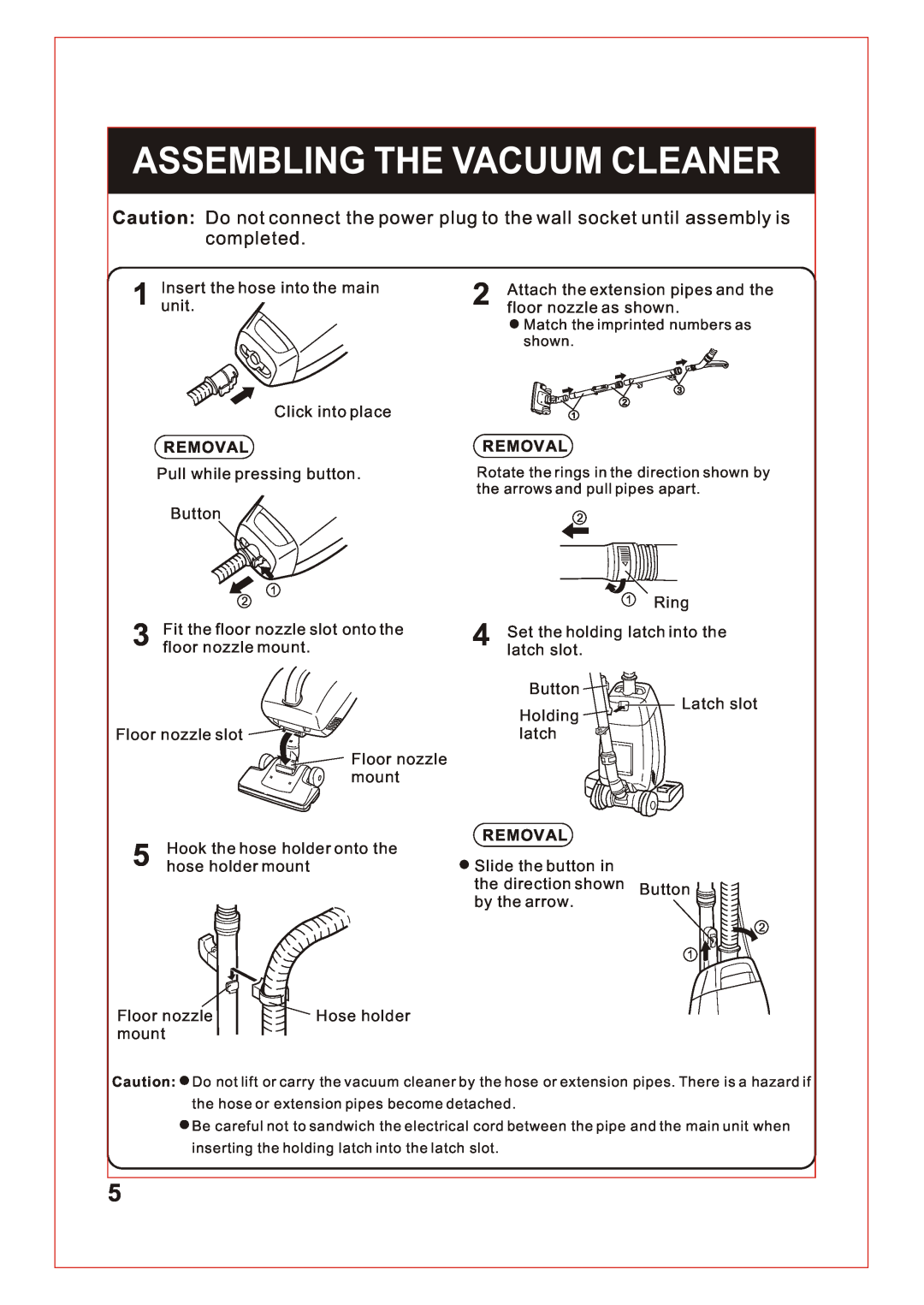 Sanyo SC-180, SC-150 instruction manual Assembling The Vacuum Cleaner, completed, Removal 