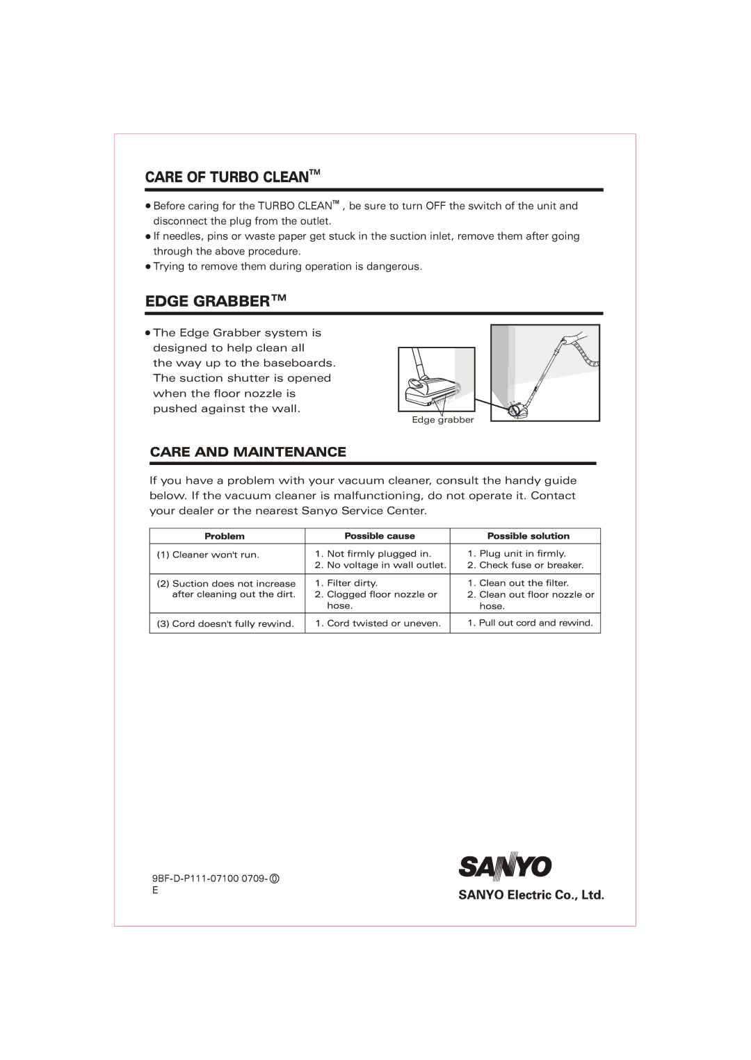 Sanyo SC-5006 instruction manual Care of Turbo Cleantm, Edge Grabbertm 