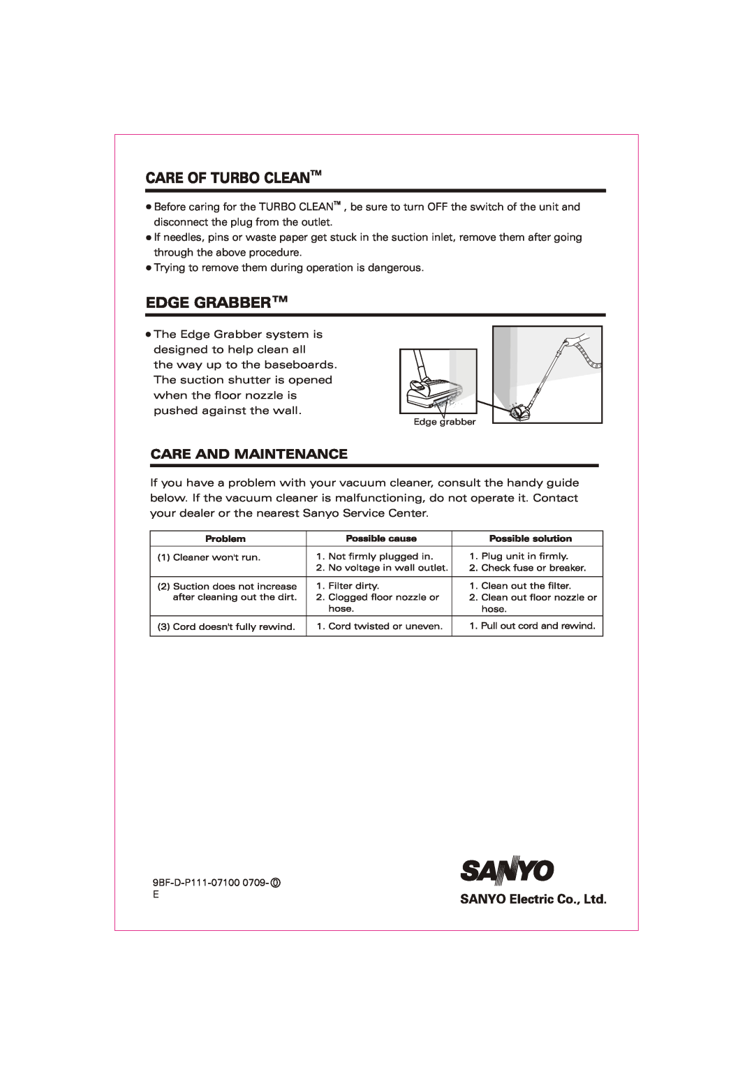 Sanyo SC-5006 instruction manual Care Of Turbo Cleantm, Edge Grabbertm, Care And Maintenance 