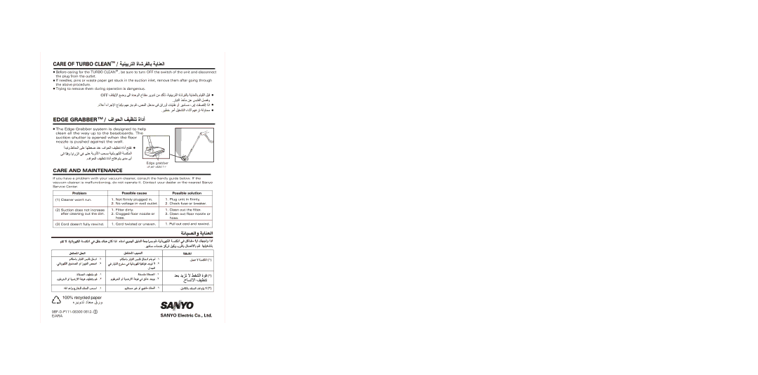 Sanyo SC-B555T, SC-B550 manual Care of Turbo Cleantm, Edge Grabbertm 