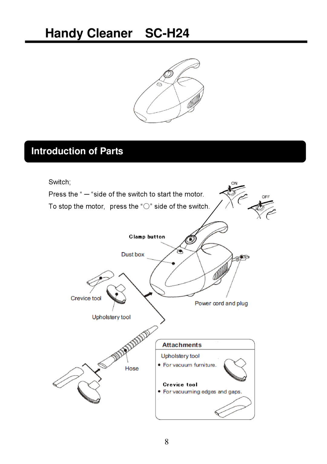 Sanyo SC-X1801R instruction manual Handy Cleaner SC-H24 