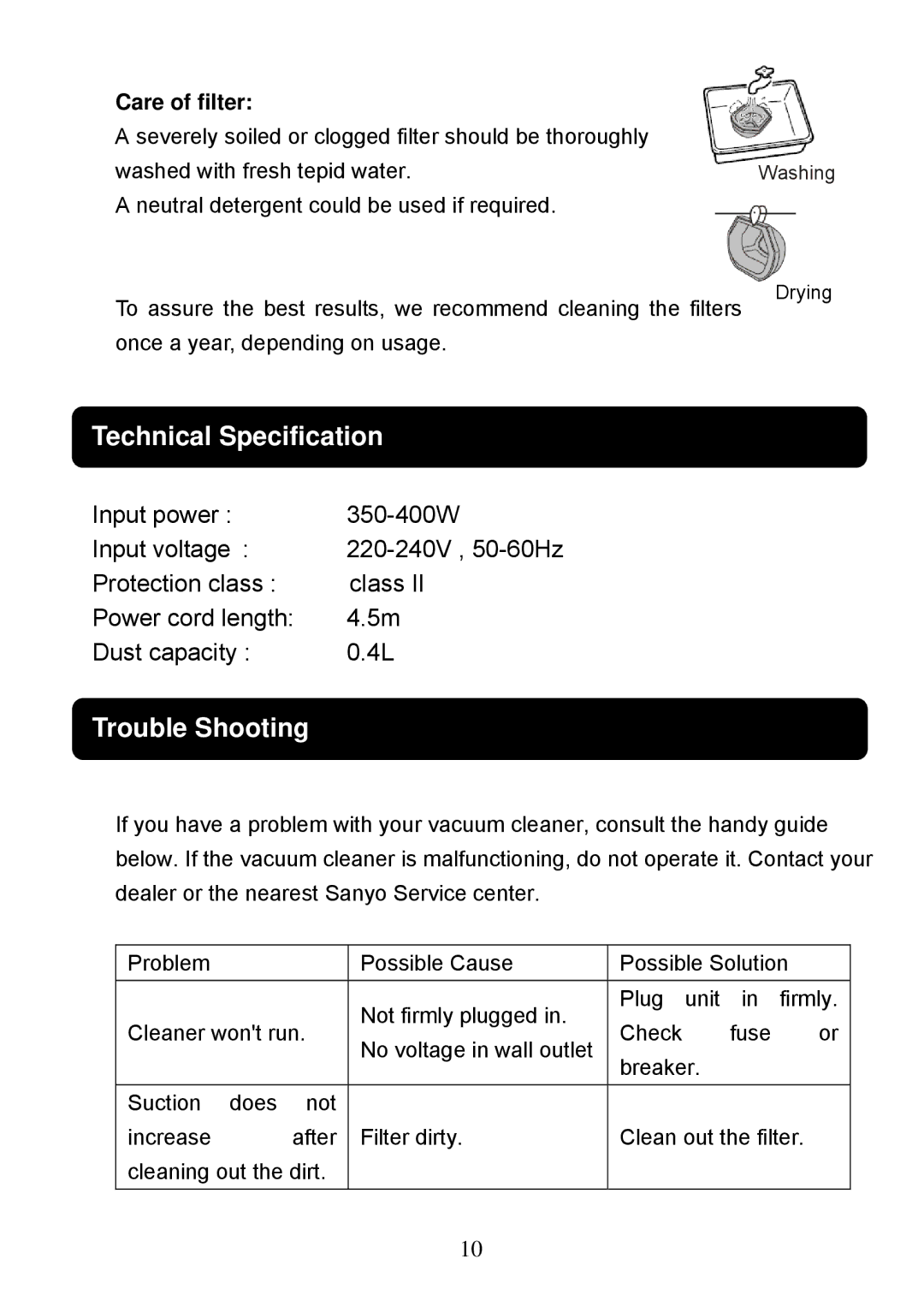 Sanyo SC-X1801R instruction manual Care of filter 