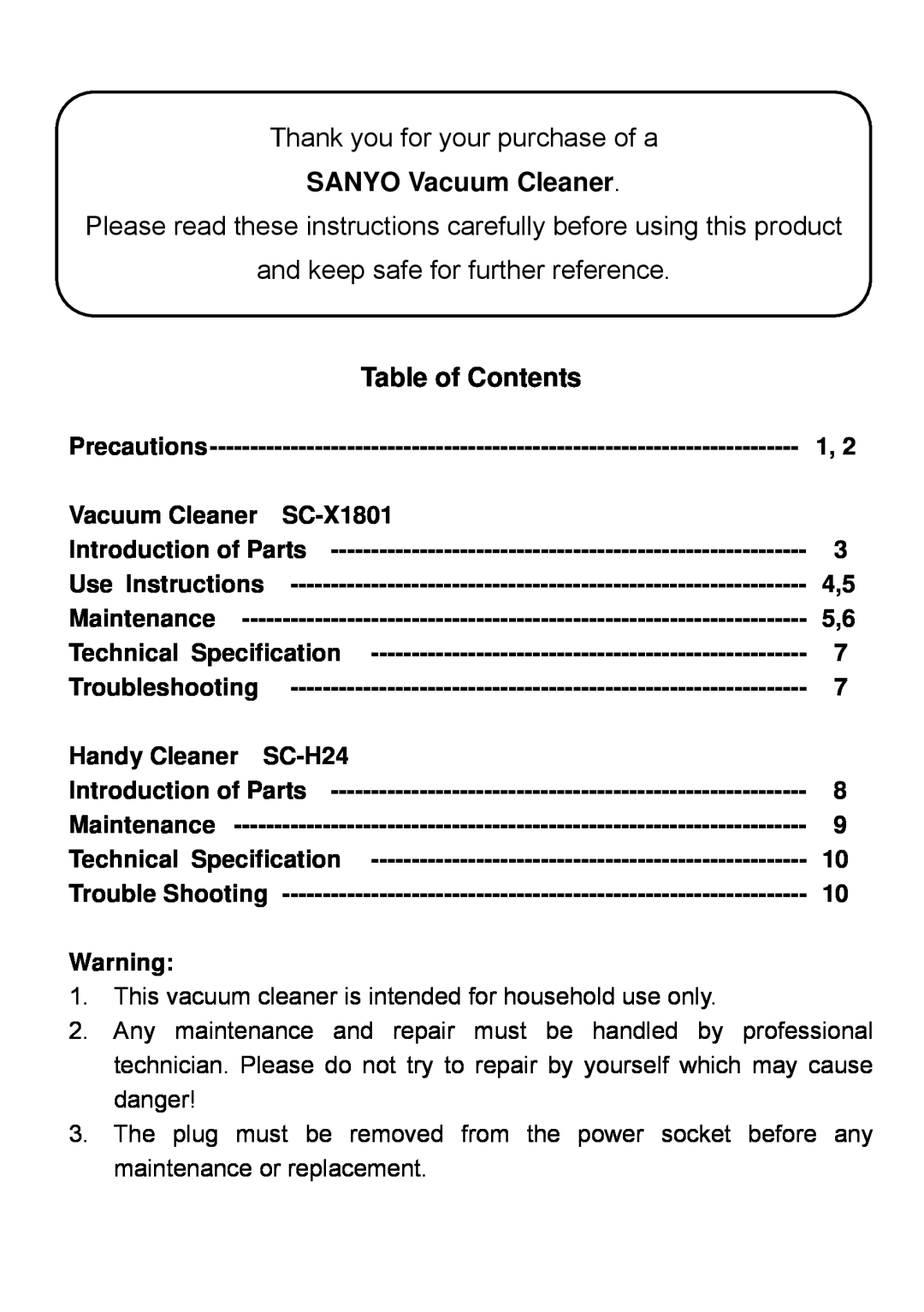 Sanyo SC-X1801R instruction manual SANYO Vacuum Cleaner, Table of Contents, Thank you for your purchase of a 