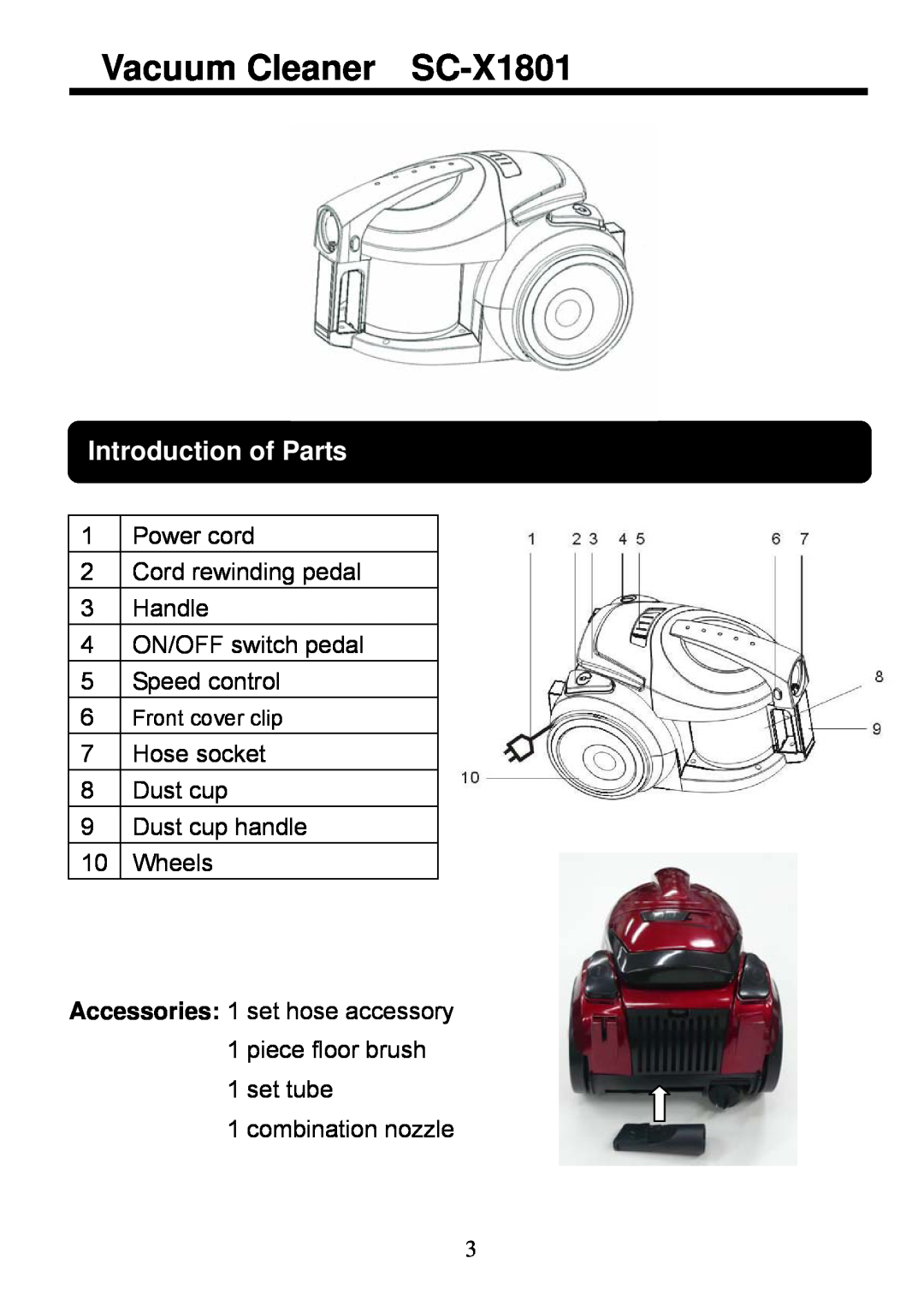 Sanyo SC-X1801R instruction manual Vacuum Cleaner SC-X1801, Introduction of Parts 