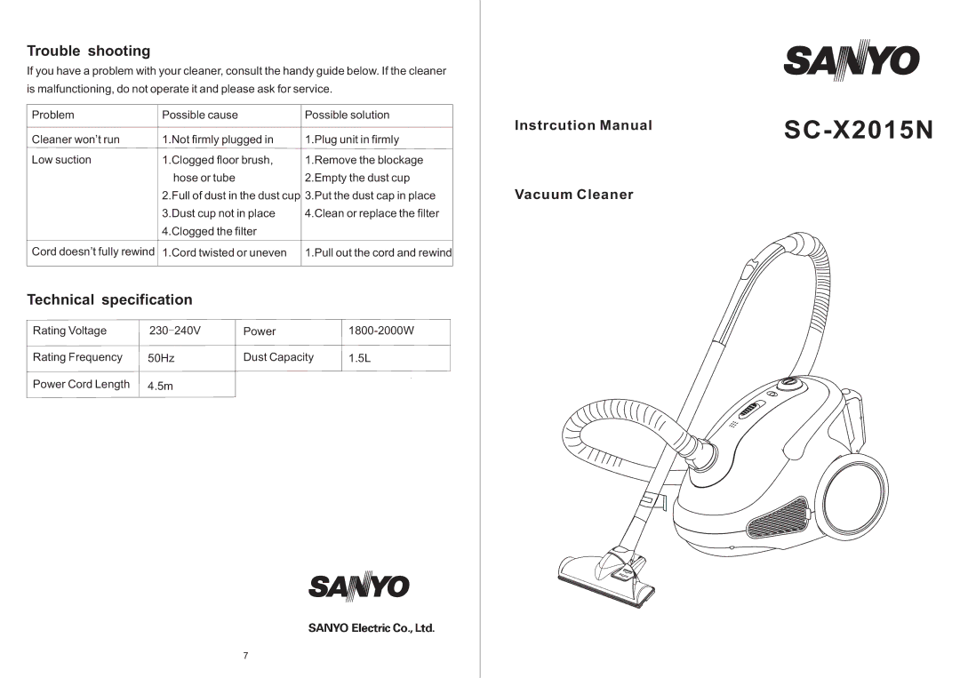 Sanyo SC-X2015N manual Trouble shooting, Instrcution Manual, Vacuum Cleaner, Technical specification 