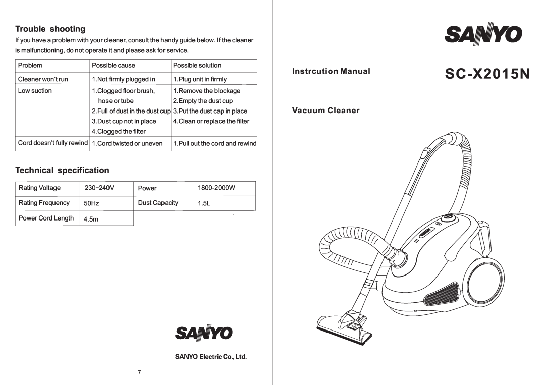 Sanyo SC-X2015N manual Trouble shooting, Instrcution Manual, Vacuum Cleaner, Technical specification 