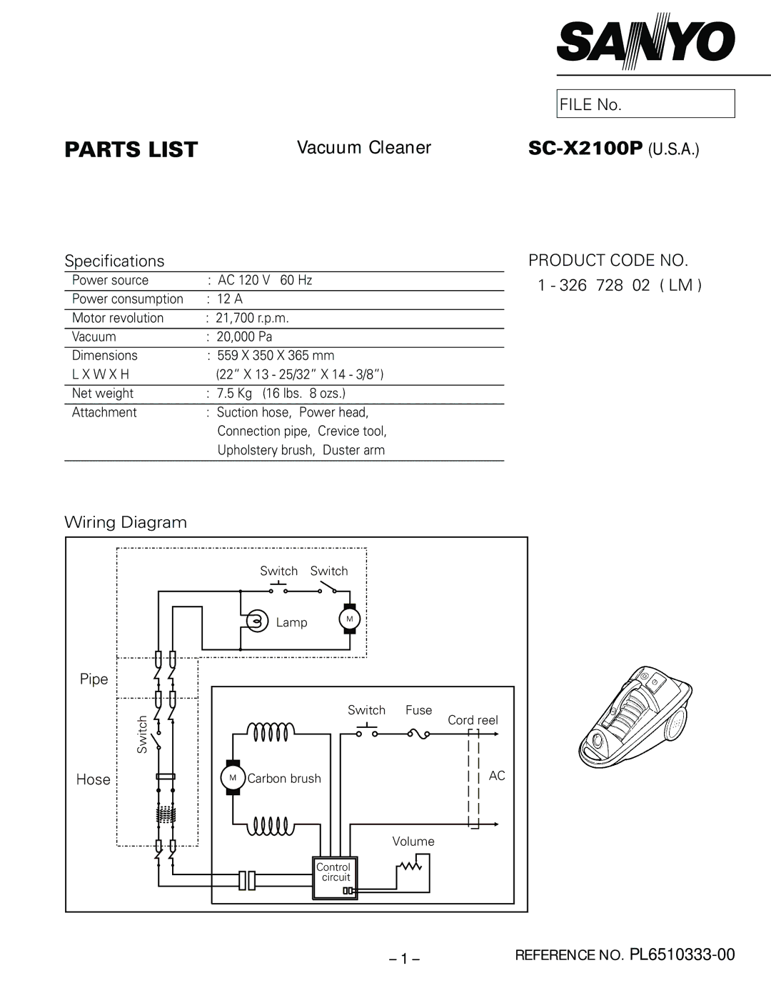 Sanyo SC-X2100P specifications Parts List, W X H 