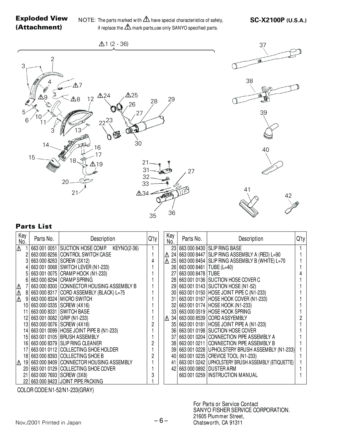 Sanyo specifications SC-X2100P U.S.A Parts List, Color CODEN1-52/N1-233GRAY, Sanyo Fisher Service Corporation 