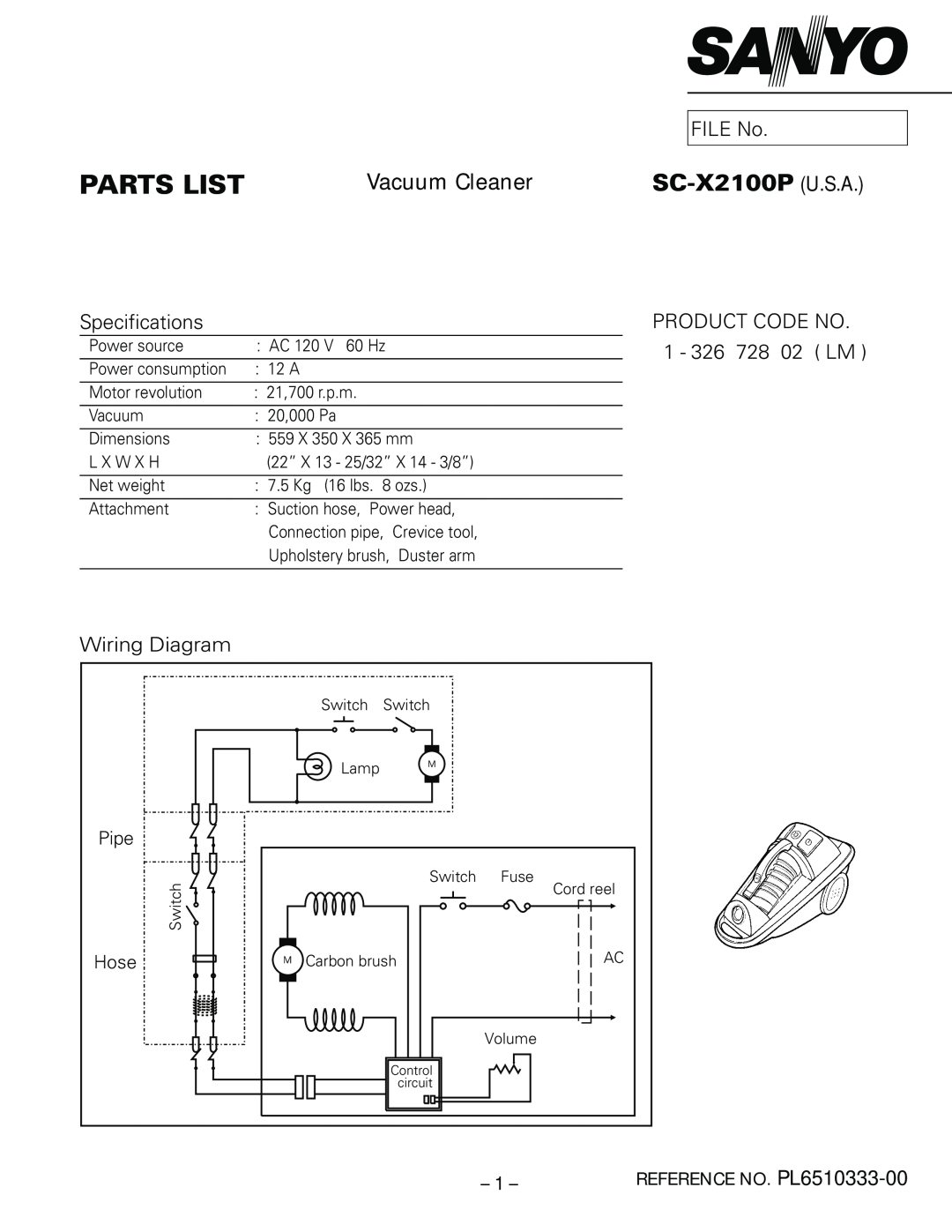 Sanyo specifications Hose, Parts List, SC-X2100P U.S.A, Vacuum Cleaner, FILE No, Specifications, Product Code No 