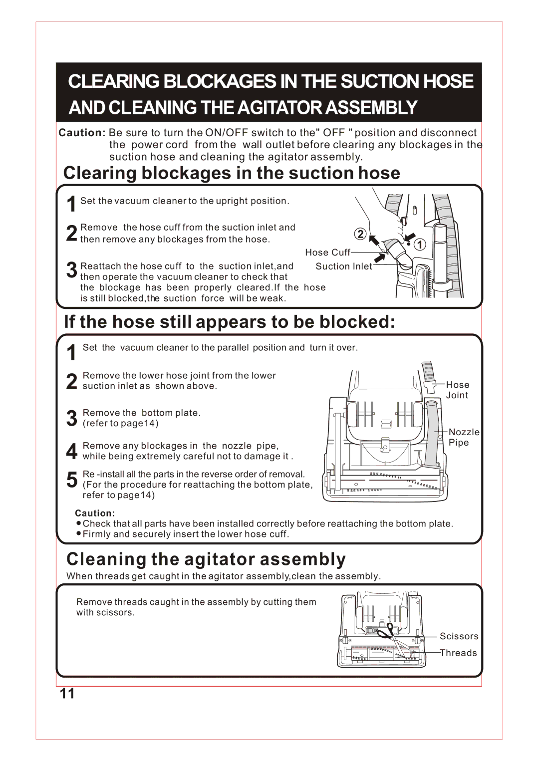 Sanyo SC-X90 instruction manual Clearing blockages in the suction hose 